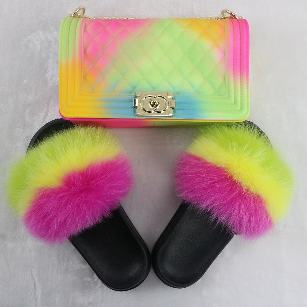 Rainbow fur best sale slides with purse