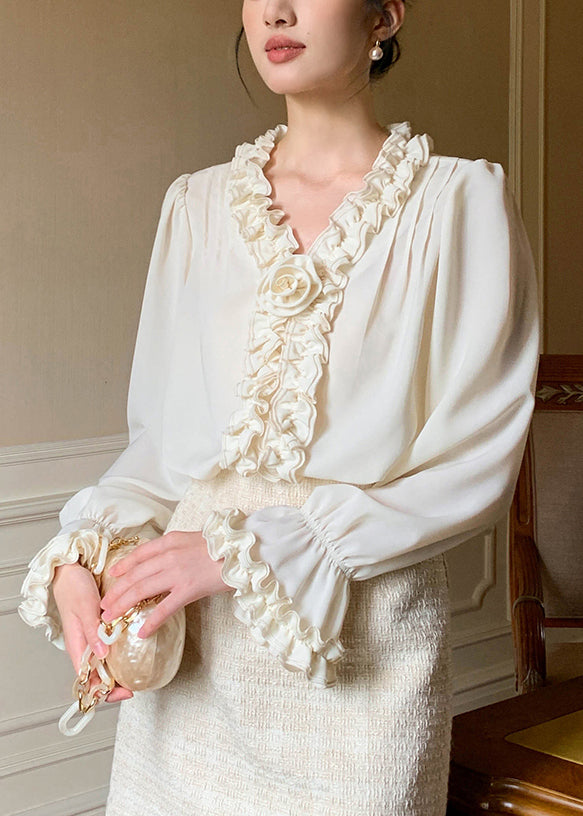 Apricot Art Shirt Petal Chiffon Solid Sleeve Ruffled FashionChic