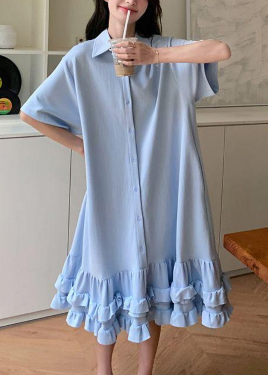 Collar Short Patchwork Dress Peter Maxi Ruffled Blue Women Pan FashionChic