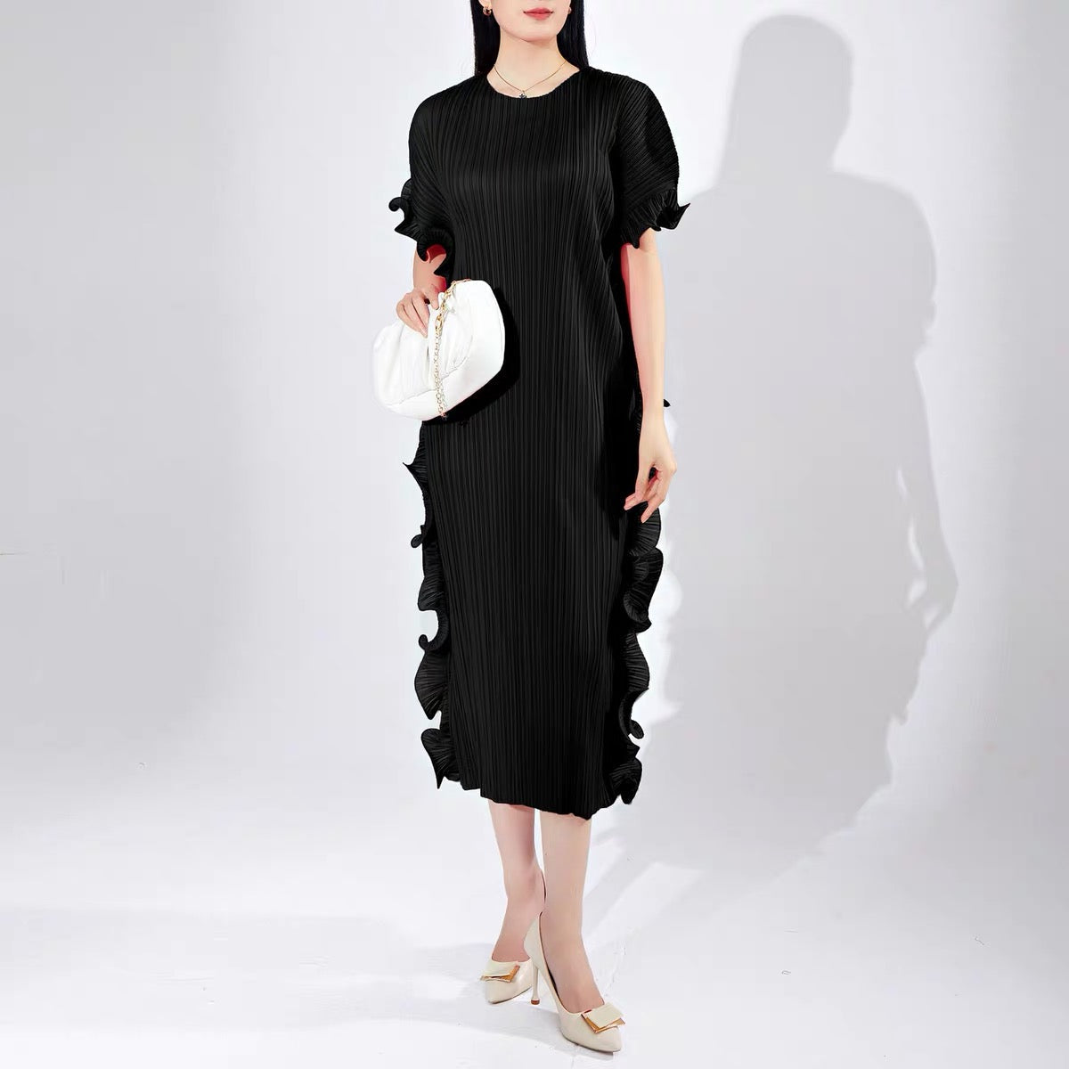 Elegant Apricot Round Neck Pleated Batwing Sleeve Lace-up Dress NN012 Genistyle Shop
