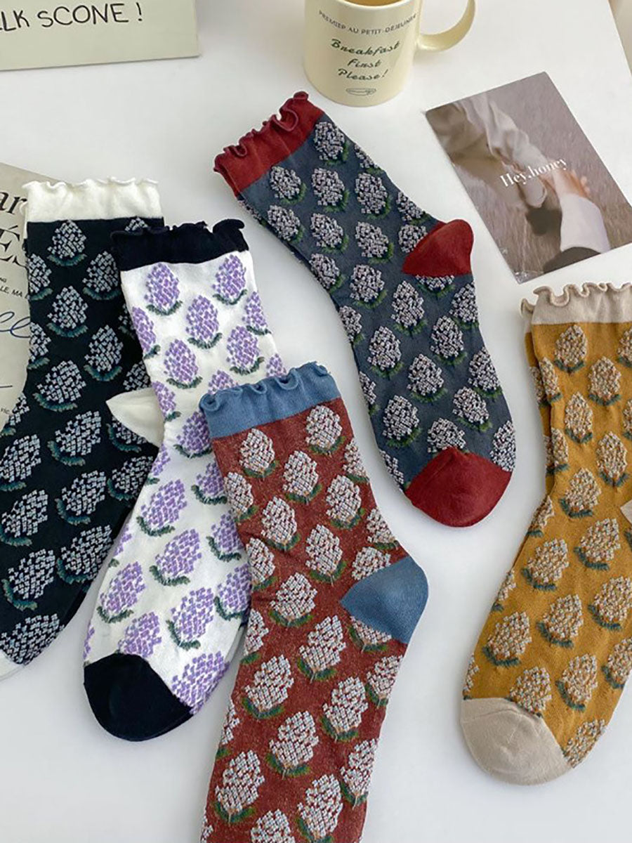 5 Pairs Women Artsy Foral Embroidery Colorblock Cotton Socks AV1043 Genistyle Shop