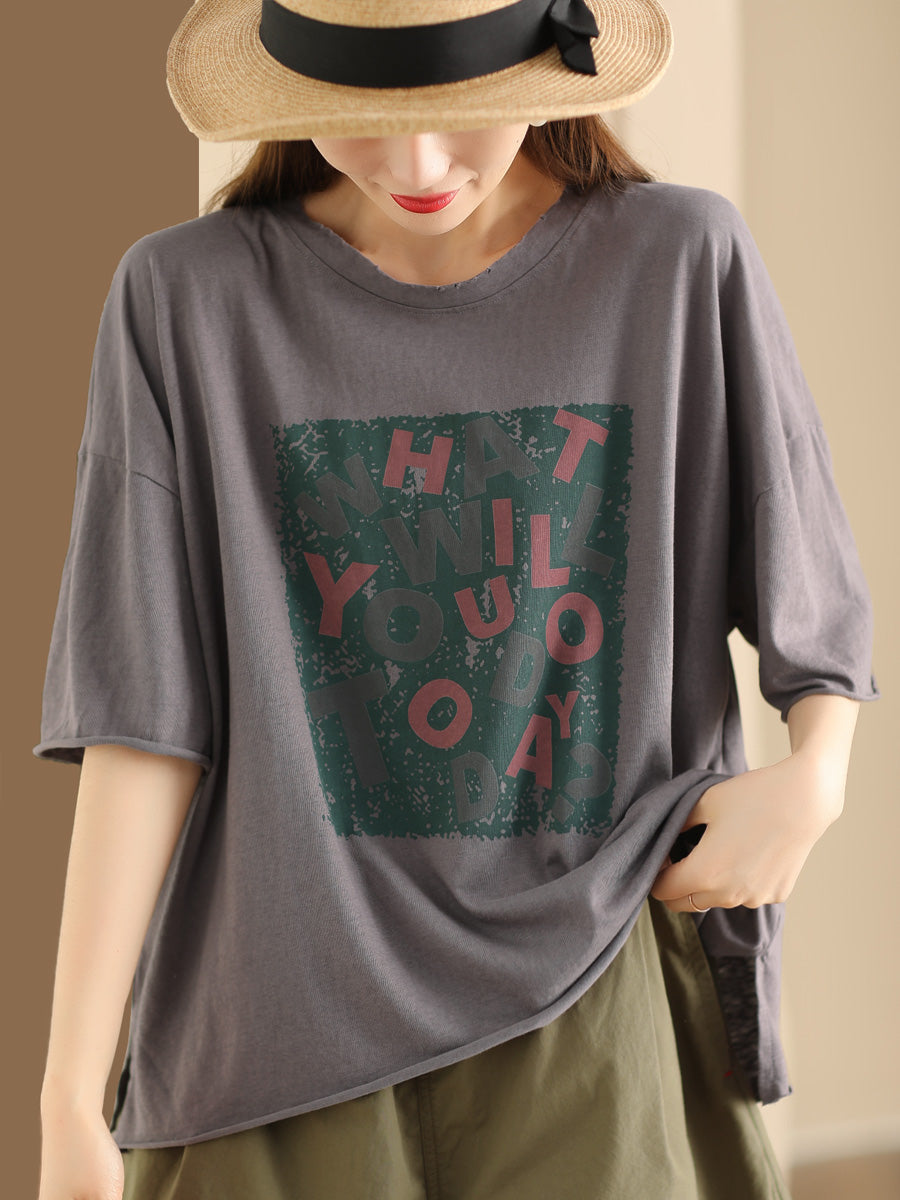 Women Summer Casual Print O-Neck Loose Cotton Shirt ZZ1054 Ada Fashion