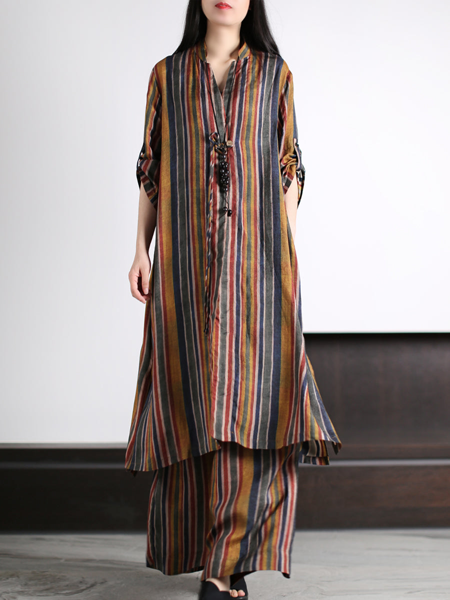 Plus Size Women Vintage Stripe Loose Long Shirt+Pants XX1029 Ada Fashion