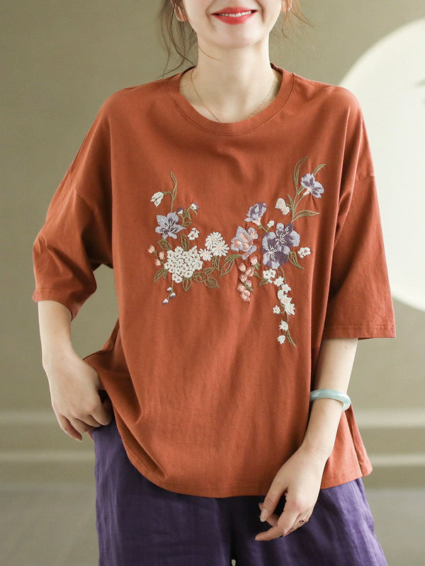 Women Summer Flower Embroidery Cotton O-Neck Shirt AS1007 Ada Fashion