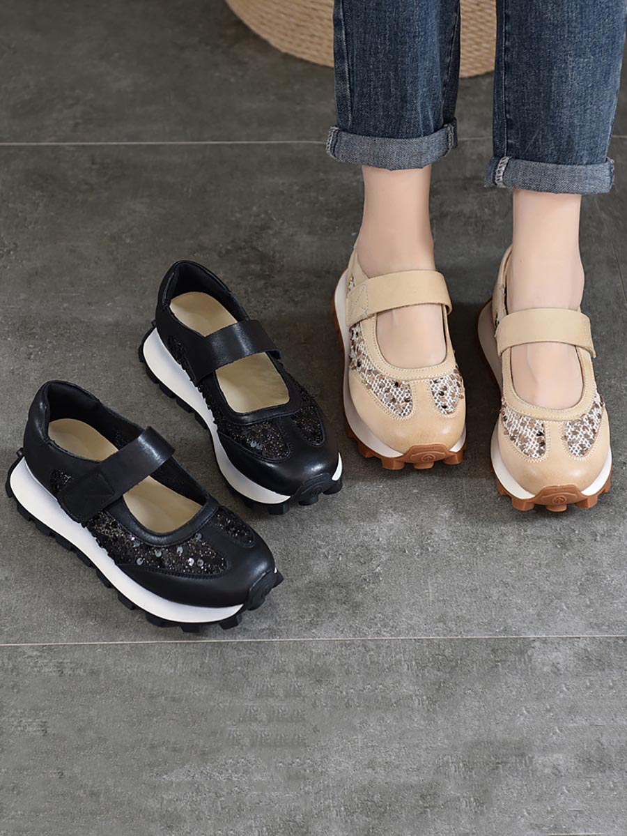 Women Summer Leather Spliced Mesh Sequin Platform Shoes XX1022 Ada Fashion
