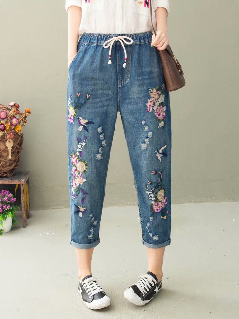 Women Summer Casual Flower Embroidery Denim Harem Pants IO1022 Ada Fashion
