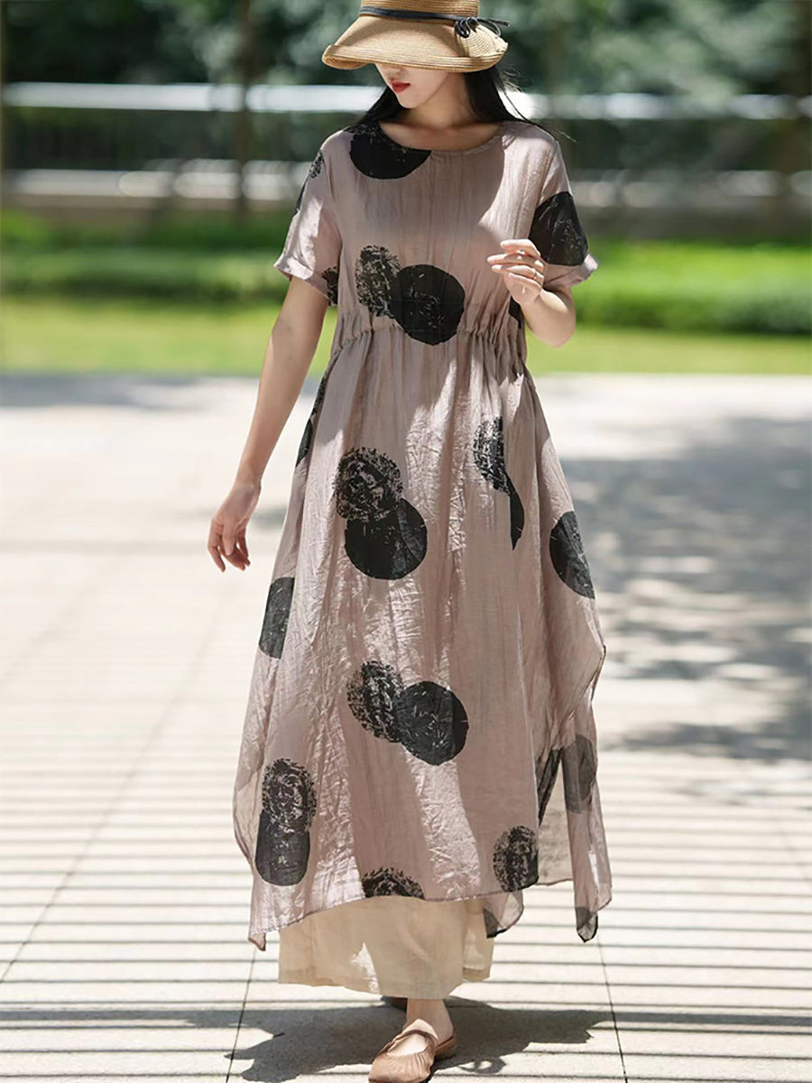Plus Size Women Artsy Dot 100%Ramie Loose Dress SC1063 Ada Fashion