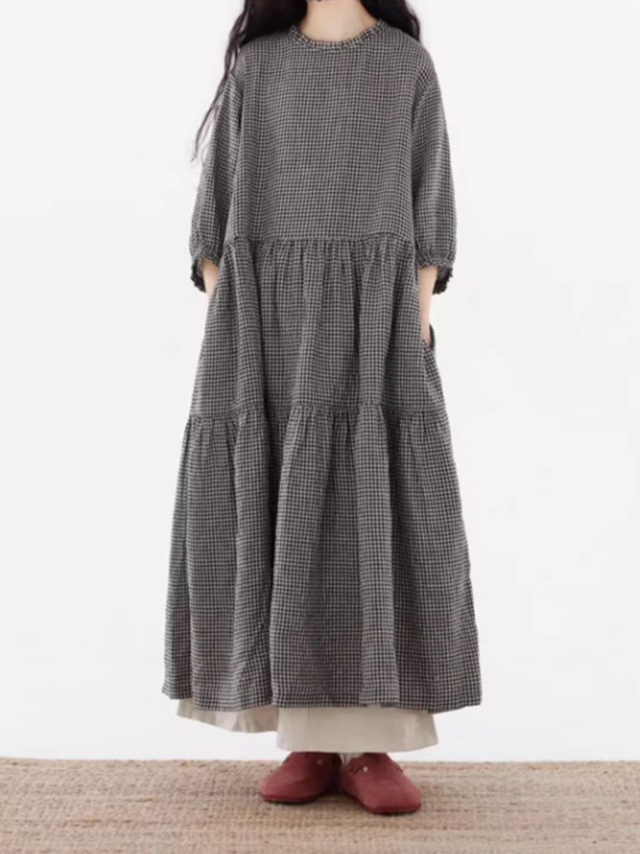 Plus Size Women Artsy Plaid Spliced 100%Cotton Tiered Dress SC1064 Ada Fashion