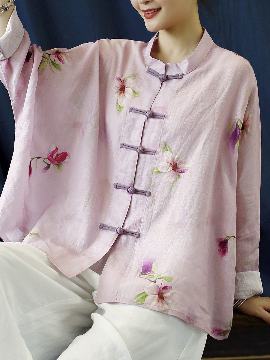 Plus Size Women Vintage Flower Pink Spring Ramie Shirt Coat PP1051 JSHY