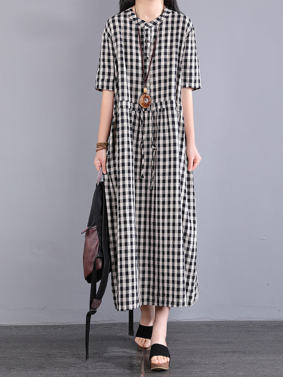 Plus Size Women Casual Plaid Summer Cotton Linen Dress SC1061 Ada Fashion