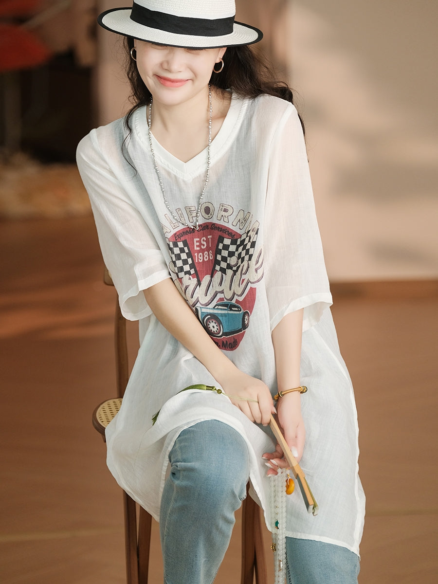 Women Summer Casual Print V-Neck Ramie Long Shirt LL022 LPP