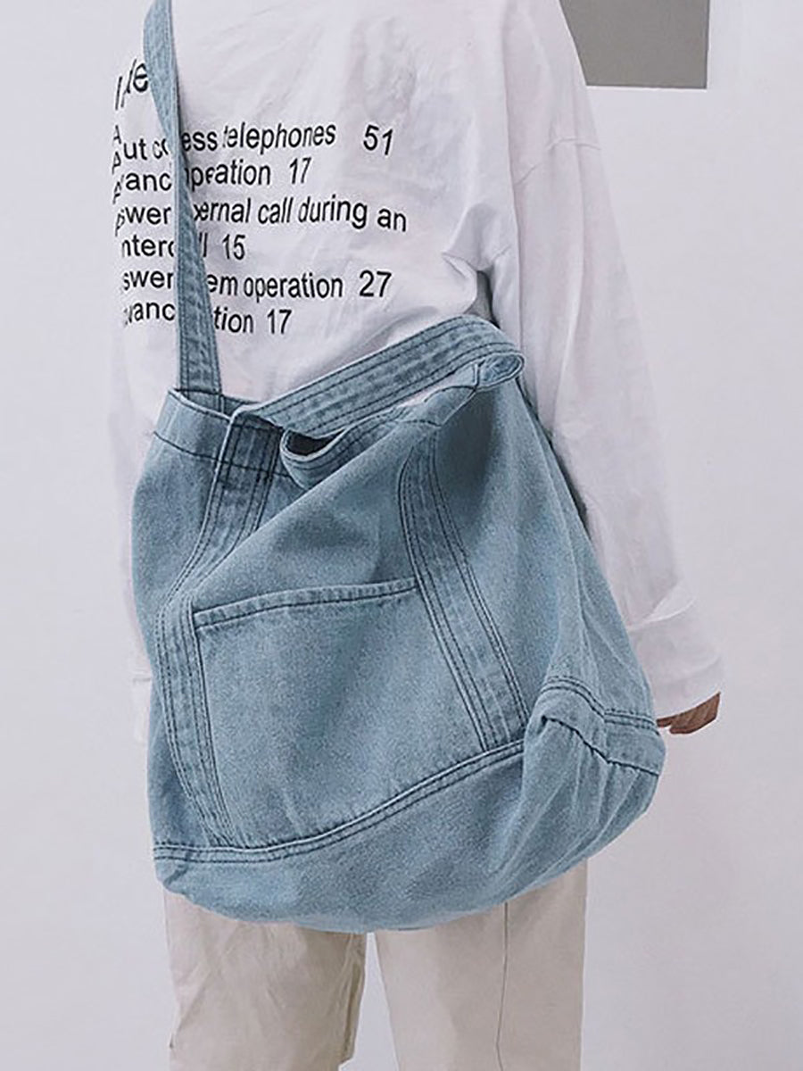 Vintage Solid Denim Spliced Shoulder Bag Handbag OP1038 BUYKUD