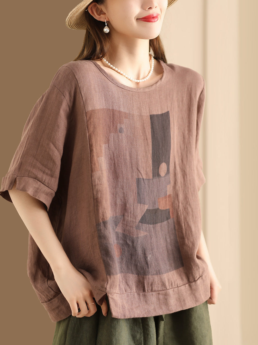 Women Casual Summer Print O-Neck Linen Shirt WE1028 Ada Fashion