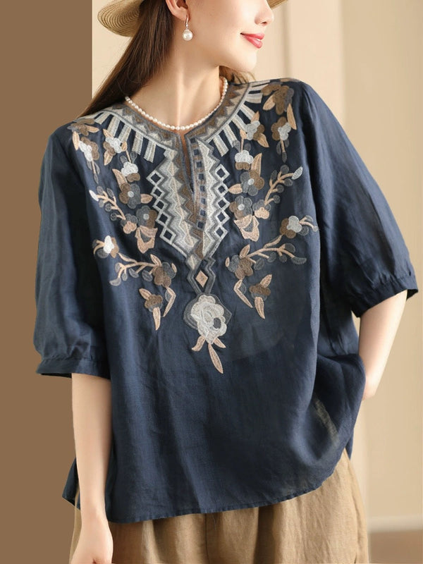 Women Summer Ethnic Flower Embroidery Ramie Shirt TY1006 Ada Fashion
