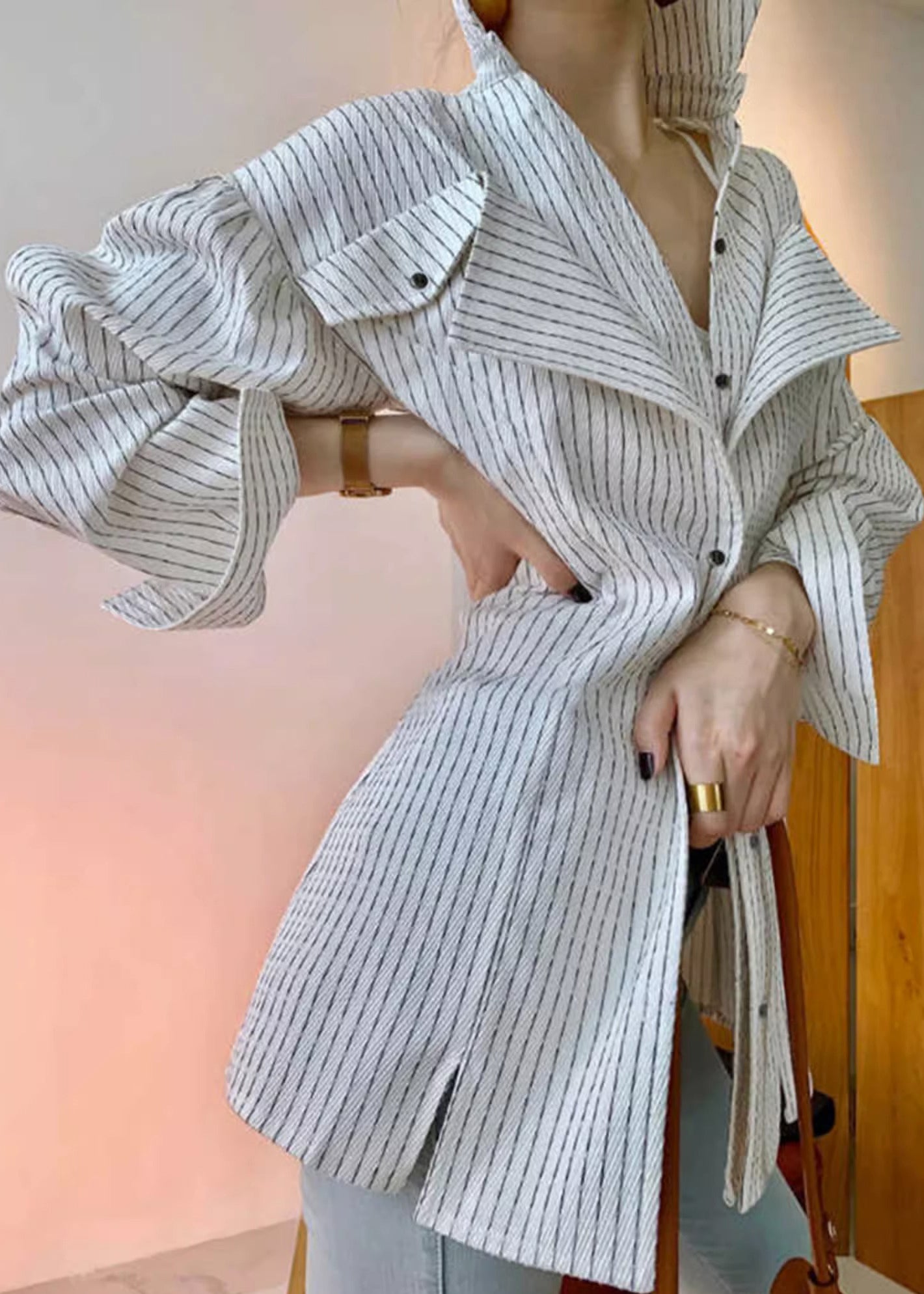 White Striped Design Shirt Original Art Cotton Button Spring FashionChic