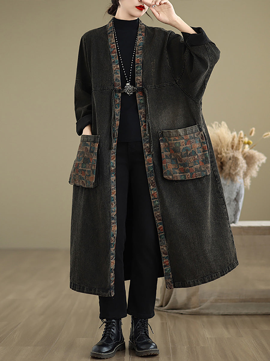 Women Autumn Worn Patch Colorblock Denim Coat AH1067 BK