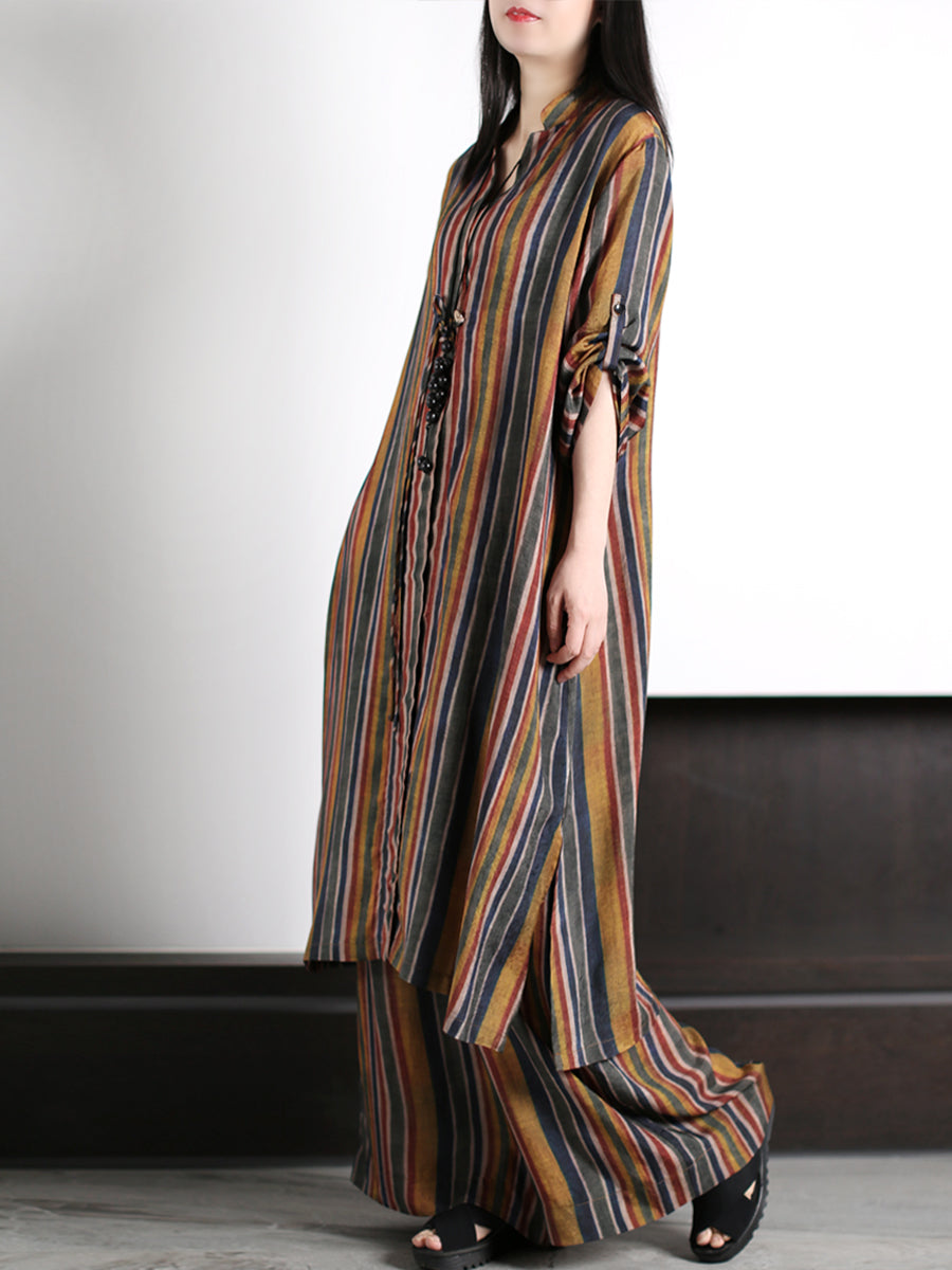 Plus Size Women Vintage Stripe Loose Long Shirt+Pants XX1029 Ada Fashion