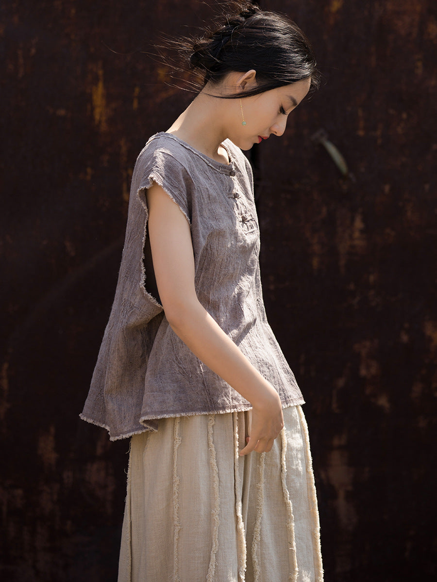 Women Summer Tie-dye Raw-edge Linen Vest CV1031 Ada Fashion