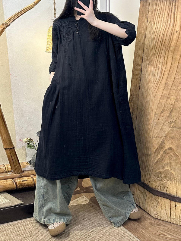 Women Summer Vintage Embroidery Solid Ramie Dress TY1018 Ada Fashion