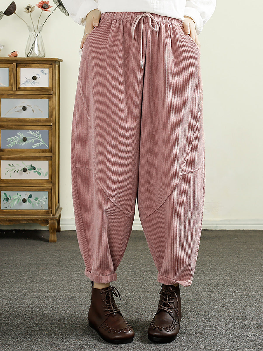 Women Autumn Solid Corduroy Spliced Cotton Harem Pants AI1047 BK