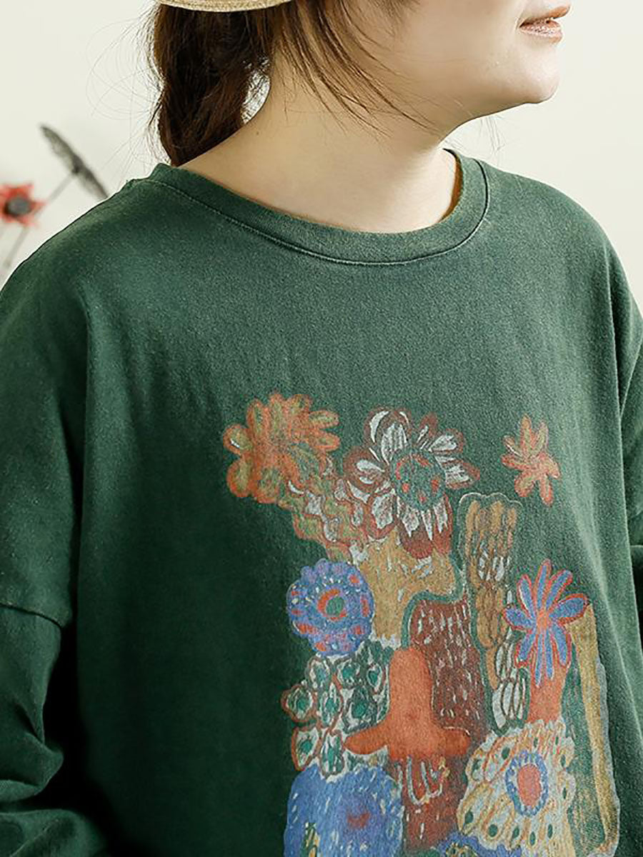 Women Casual Autumn Flower O-Neck Cotton Blouse AT1002 QYZY