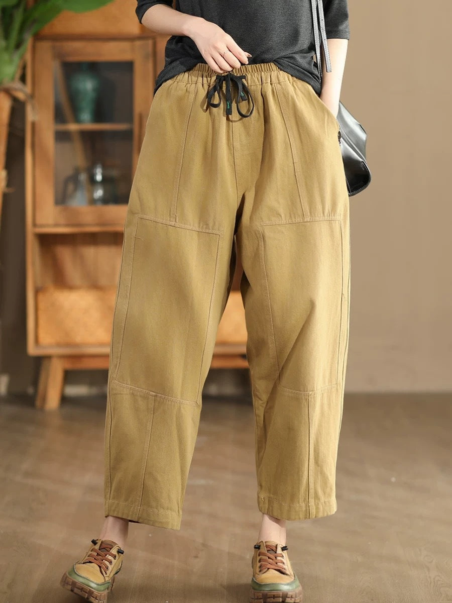 Women Autumn Vintage Solid Spliced Pocket Harem Pants AI1030 BUYKUD