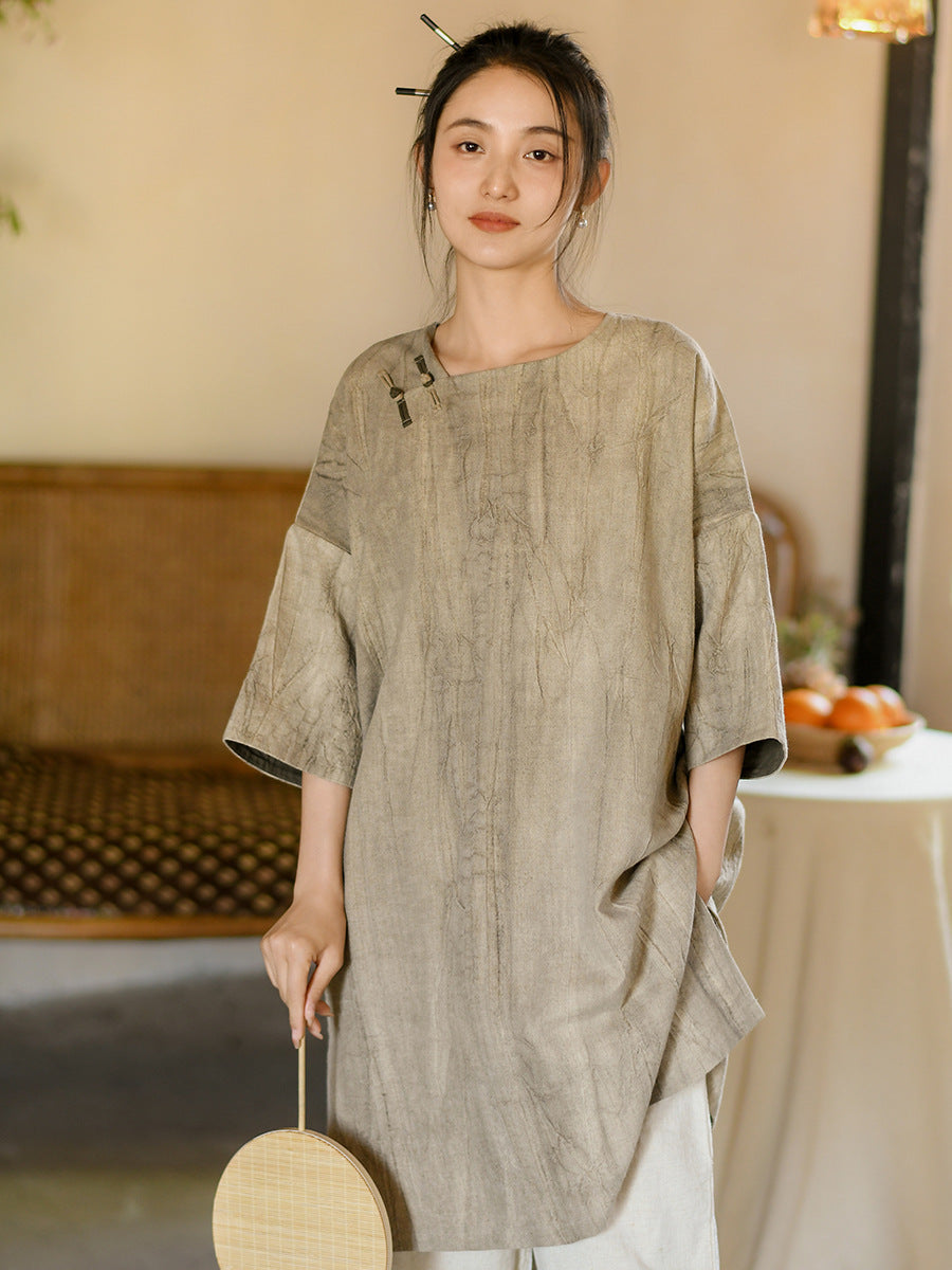 Women Summer Vintage Solid Loose Linen Short Dress II1008 BUYKUD
