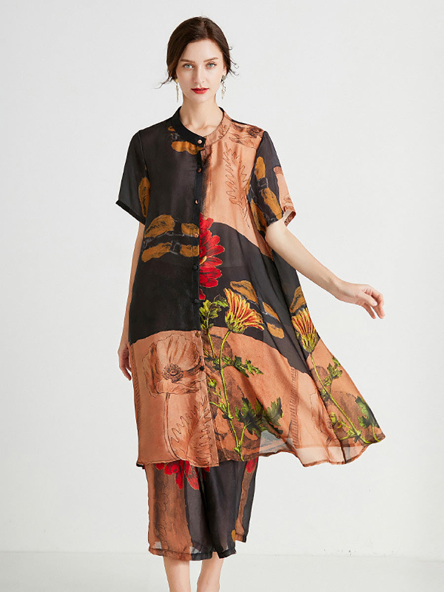Plus Size Women Artsy Flower Spliced Long Shirt+Pants HH053 BK