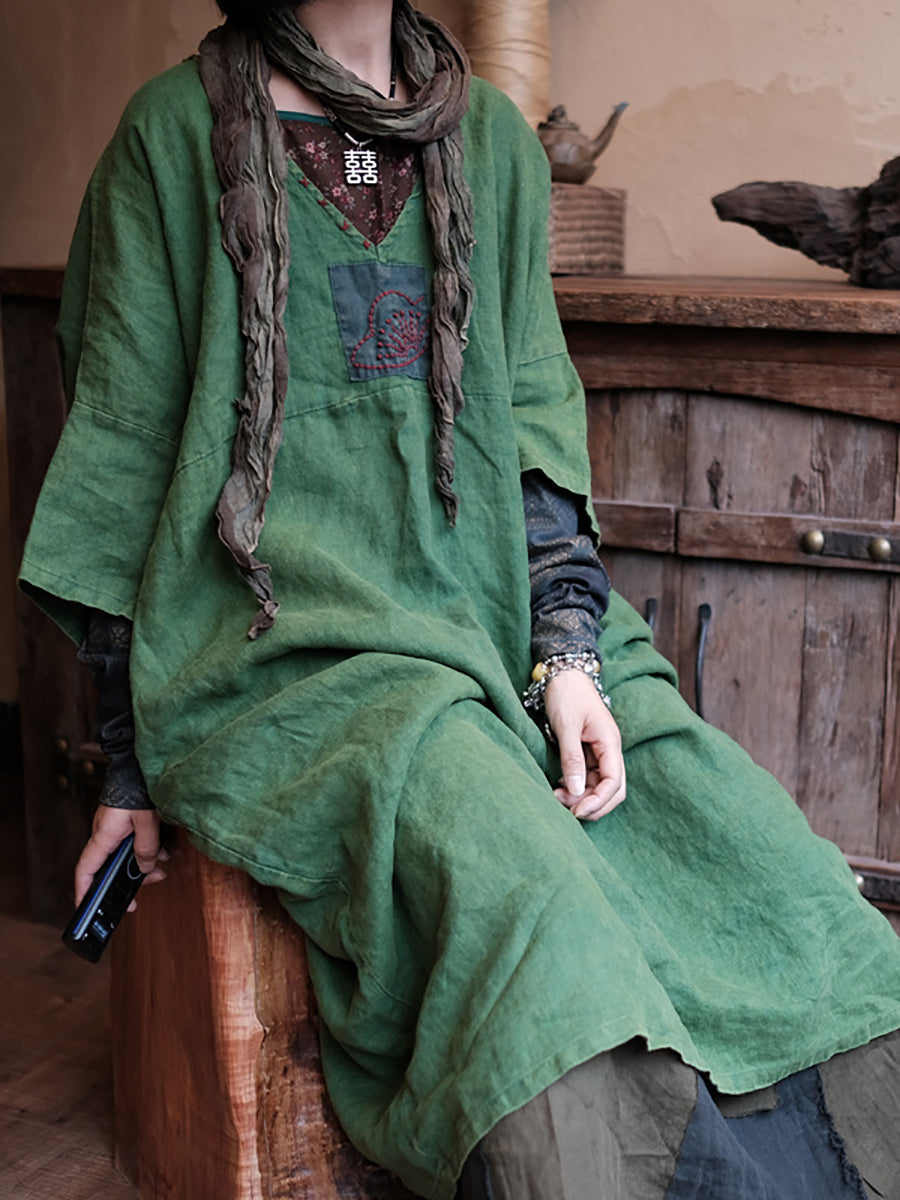 Women Retro Summer Spliced Linen V-Neck Dress AA1033 Ada Fashion