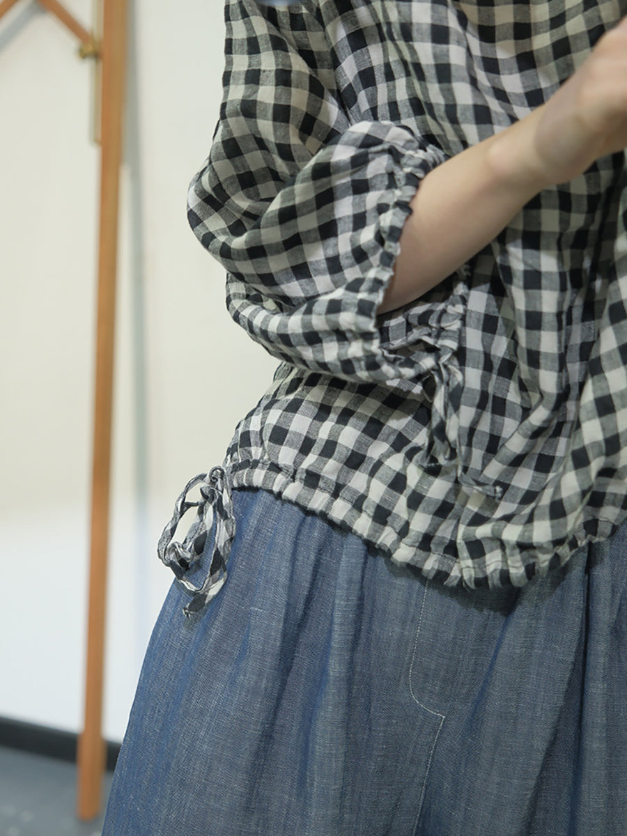 Women Summer Casual Plaid Linen Strap Shirt AS1064 Ada Fashion