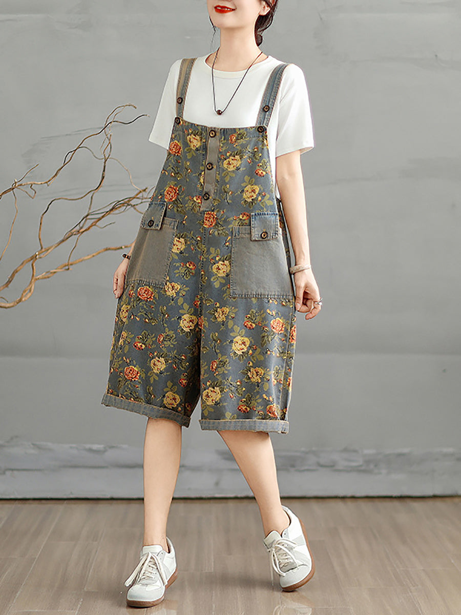 Denim Jumpsuits Short Artsy Women Flower Summer FashionChic