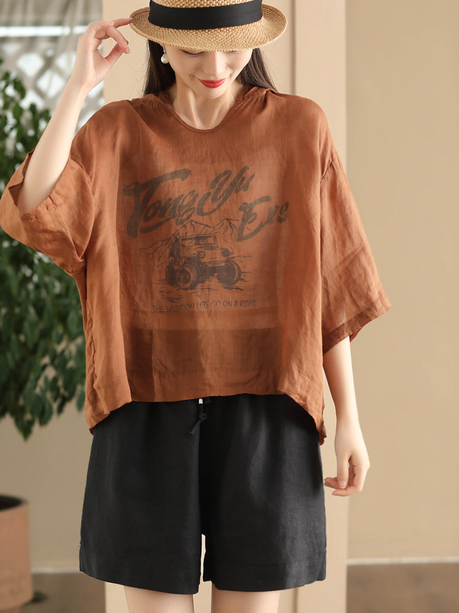 Women Summer Casual Print Thin Ramie HoodedShirt LL038 BUYKUD