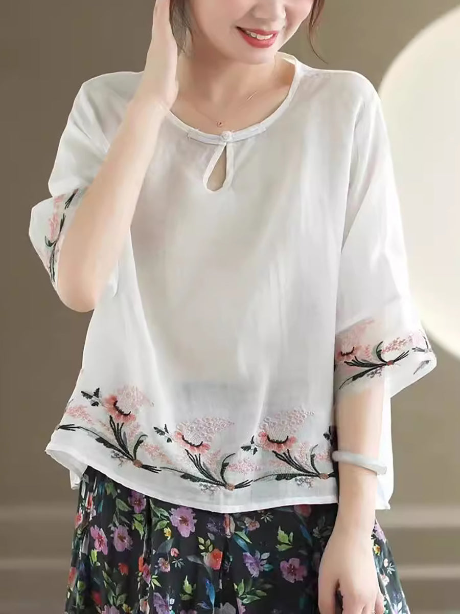 Women Summer Vintage Floral Embroidery Ramie Shirt AS1045 Ada Fashion