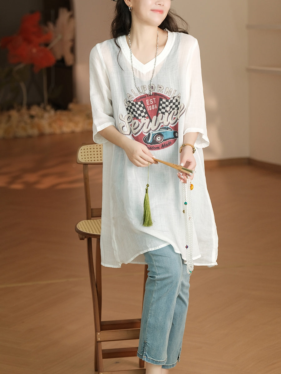 Women Summer Casual Print V-Neck Ramie Long Shirt LL022 LPP