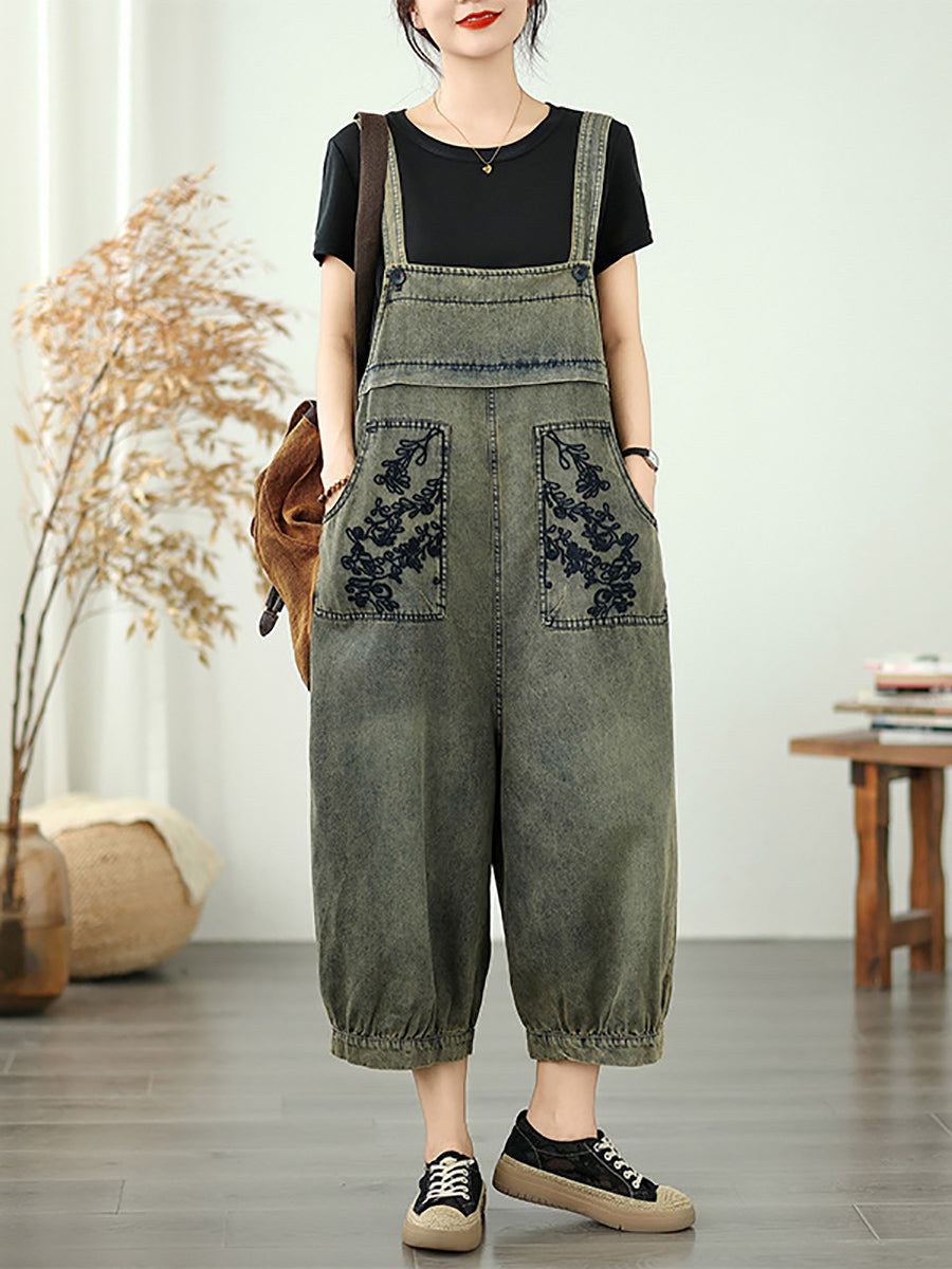 Long Jumpsuits Women Flower Embroidery Denim Summer FashionChic