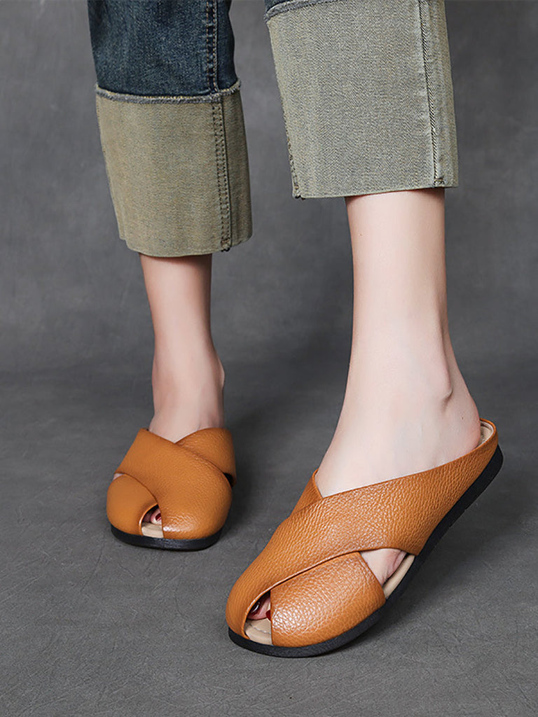 Women Summer Solid Leather X-Spliced Flat Slippers UI1032 Ada Fashion