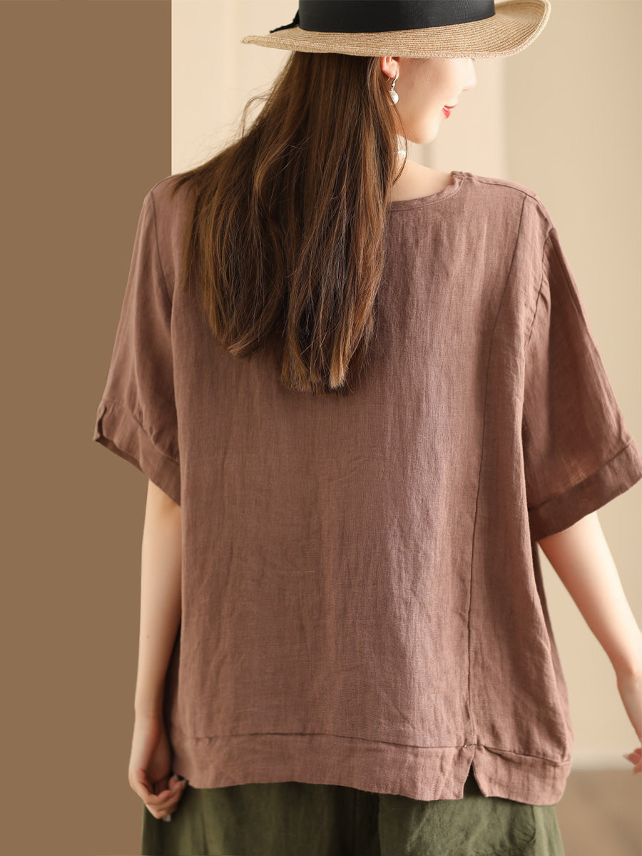 Women Casual Summer Print O-Neck Linen Shirt WE1028 Ada Fashion