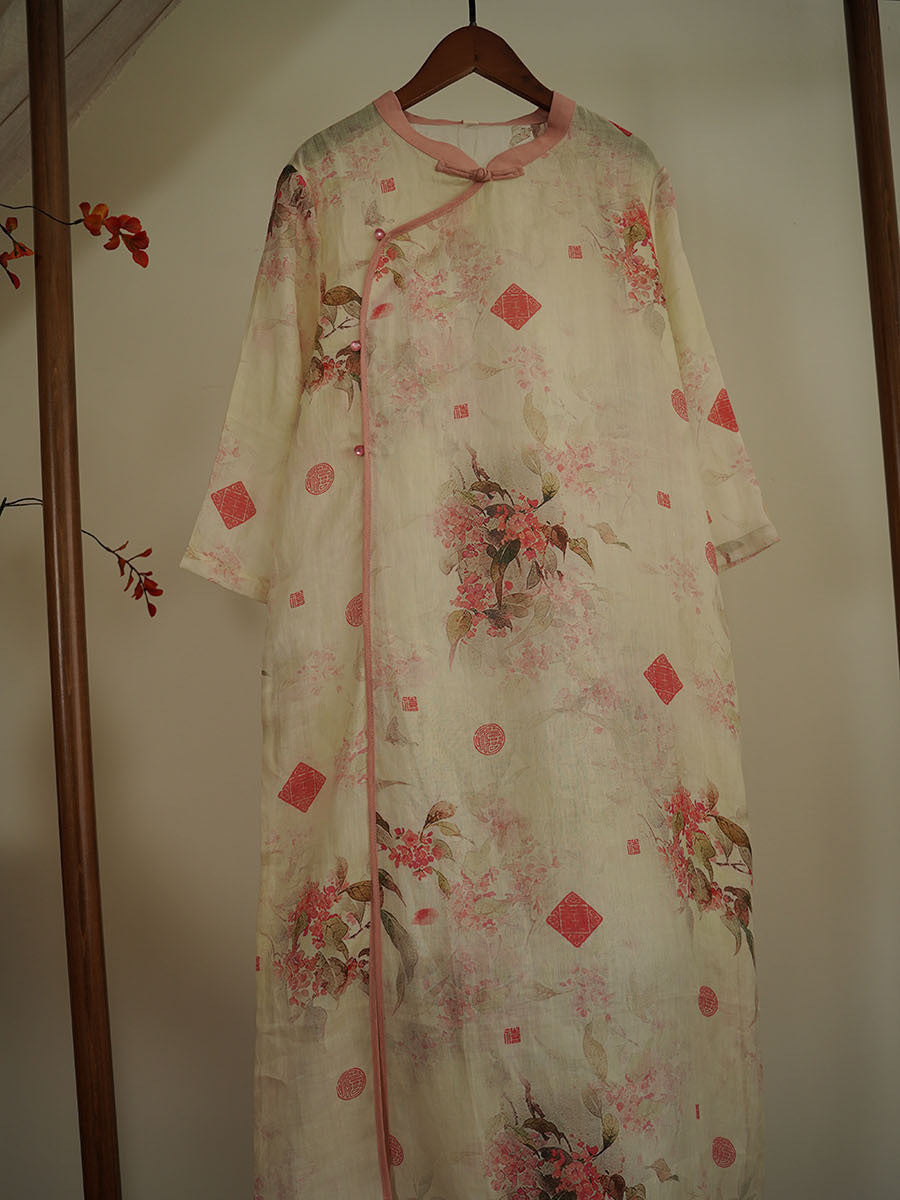 Women Artsy Floral Vintage Ramie Robe Dress XX1025 Ada Fashion