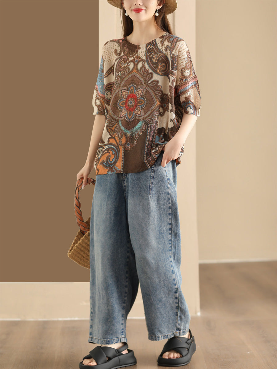 Women Summer Retro Knitted O-Neck Pullover Shirt SC1017 Ada Fashion