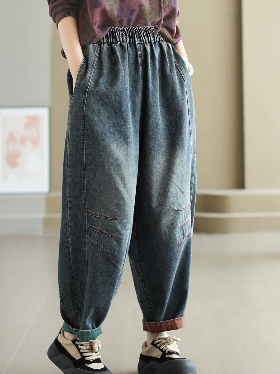 Women Autumn Artsy Spliced Denim Harem AH1038 BK
