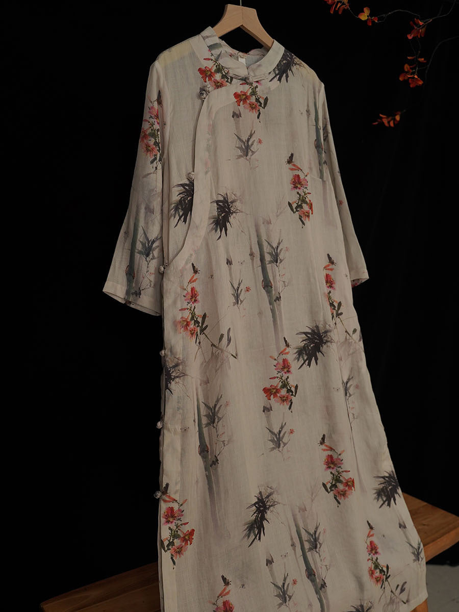 Women Summer Vintage Floral Bamboo Robe Ramie Dress TY1008 Ada Fashion