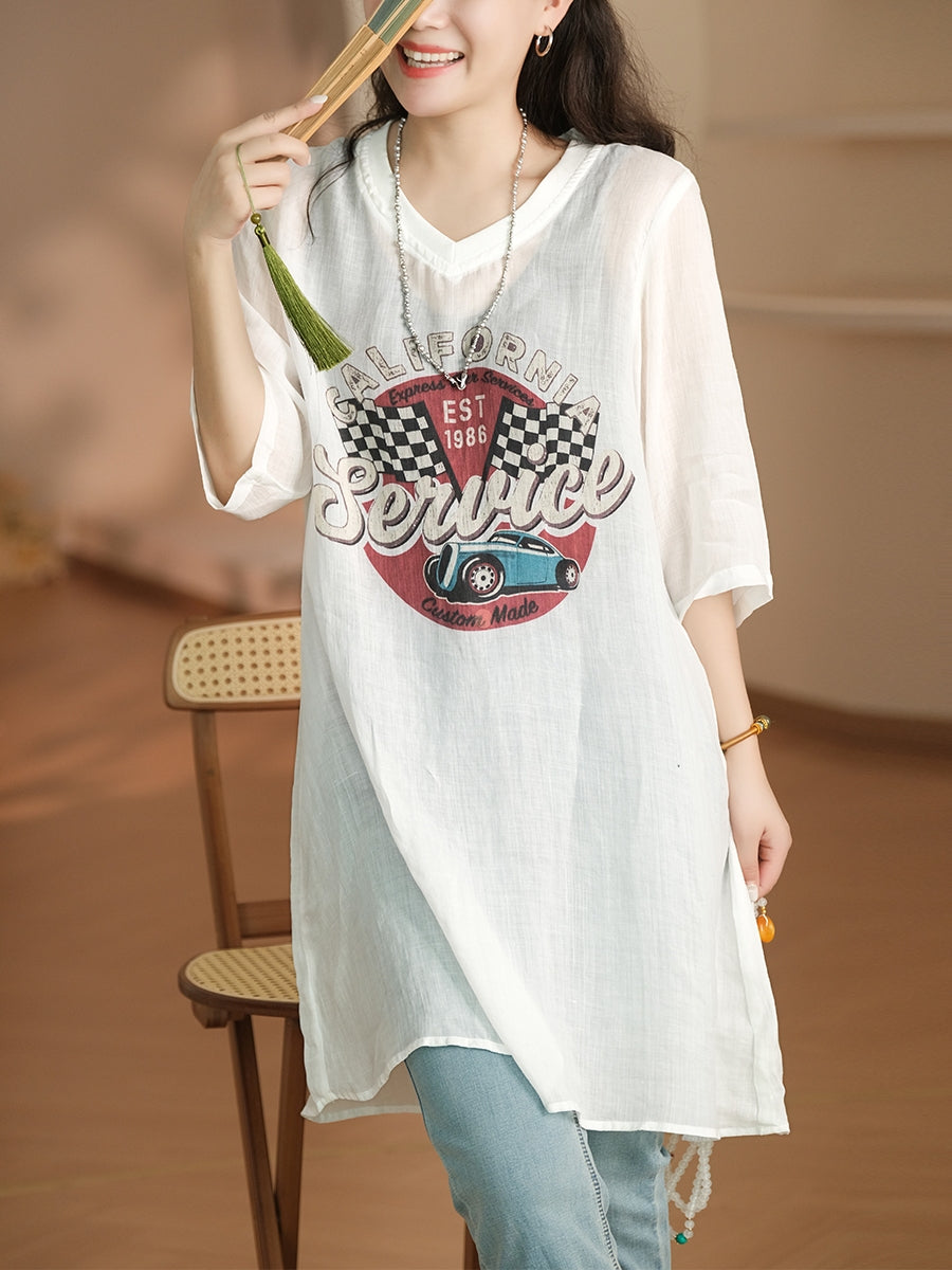 Women Summer Casual Print V-Neck Ramie Long Shirt LL022 LPP