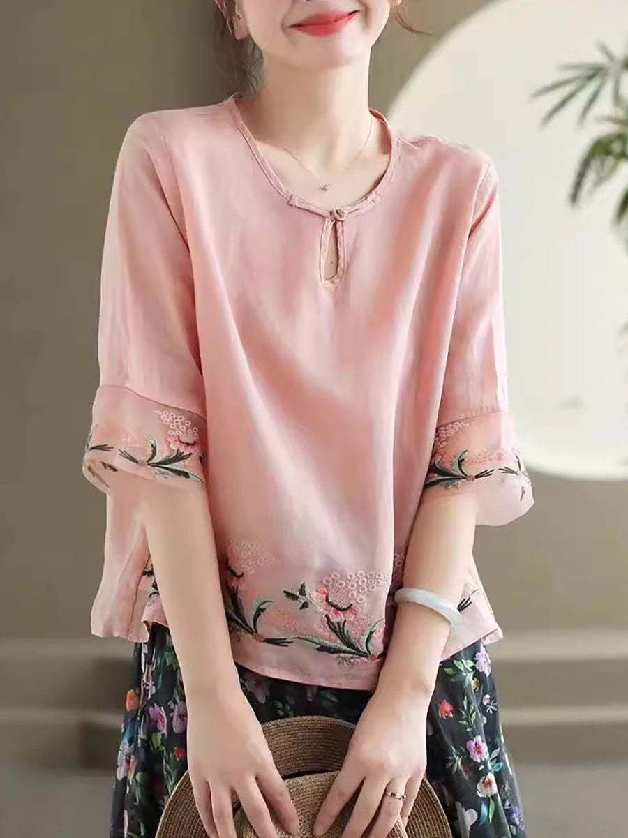 Women Summer Vintage Floral Embroidery Ramie Shirt AS1045 Ada Fashion