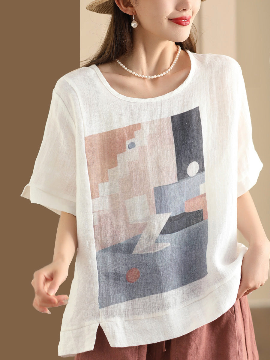 Women Casual Summer Print O-Neck Linen Shirt WE1028 Ada Fashion