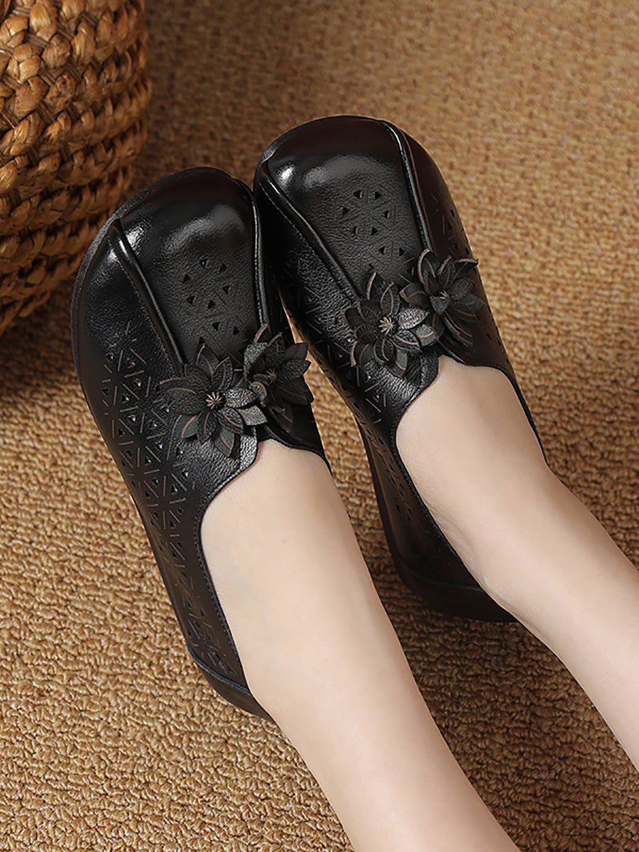 Women Vintage Leather Flower Cutout Flat Shoes KL1034 Ada Fashion