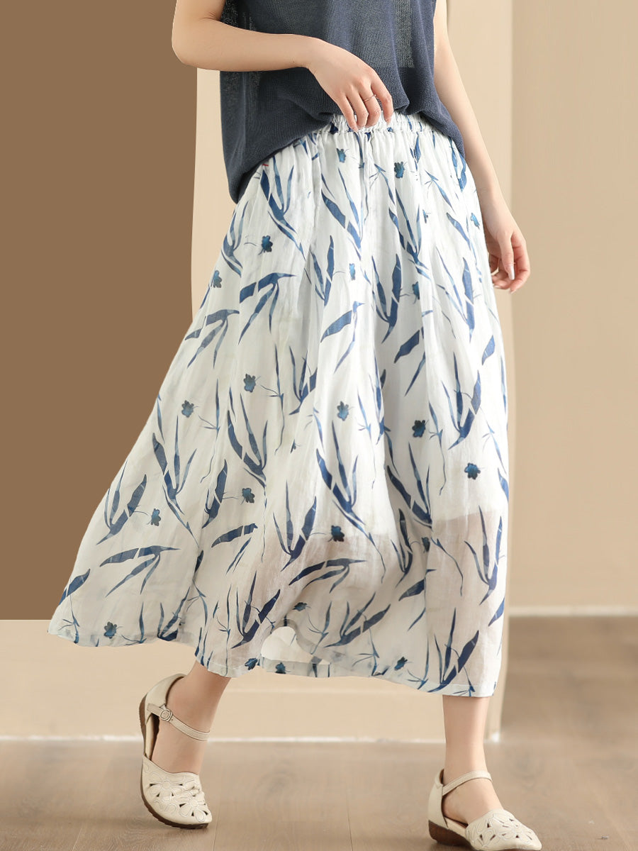 Women Artsy Summer Flower Ramie A-shape Skirt CO1025 Ada Fashion