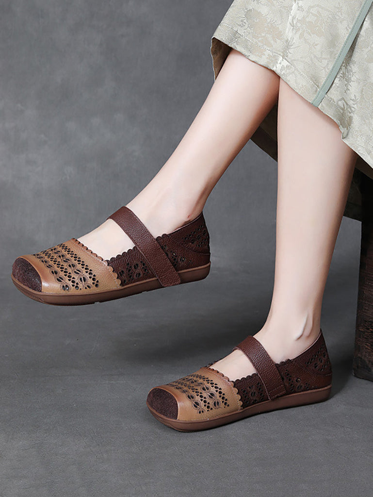 Women Ethnic Leather Colorblock Cutout Flat Shoes TY1028 Ada Fashion