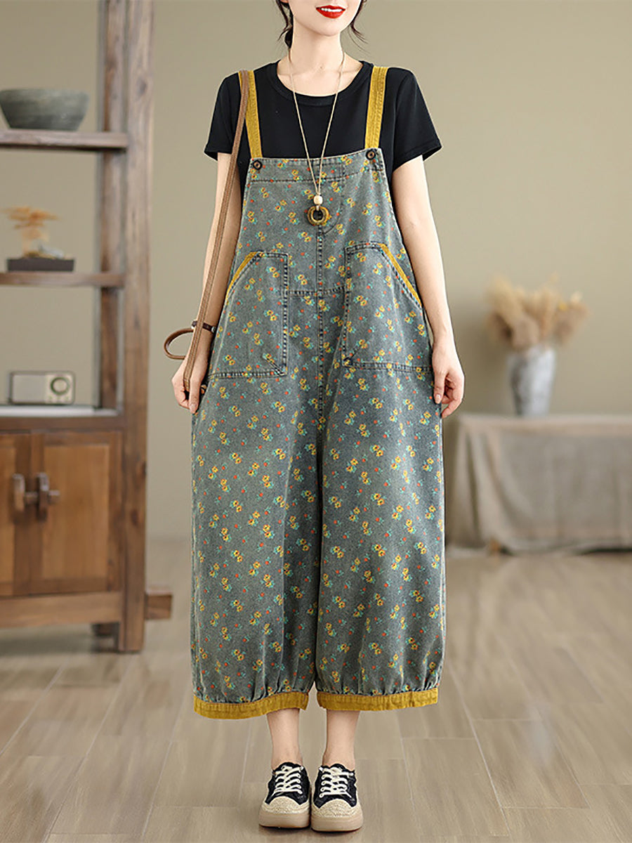 Women Casual Denim Jumpsuits Floral Wide-leg Summer FashionChic