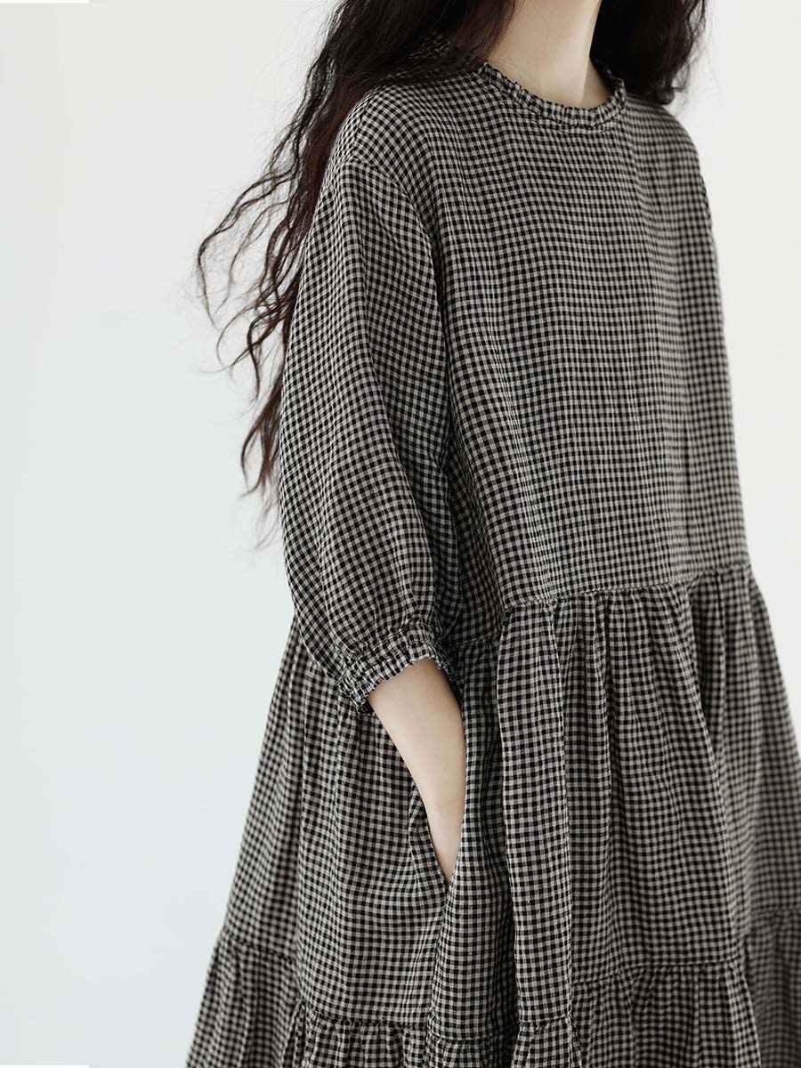 Plus Size Women Artsy Plaid Spliced 100%Cotton Tiered Dress SC1064 Ada Fashion