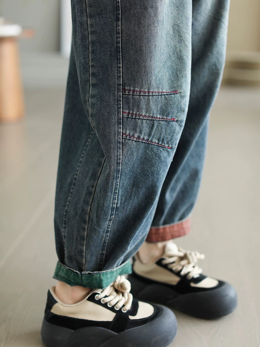 Women Autumn Artsy Spliced Denim Harem AH1038 BK